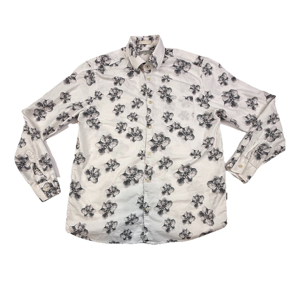 Ted Baker London Floral AOP Long Sleeve Button Up Shirt Size 3 Medium White Gray